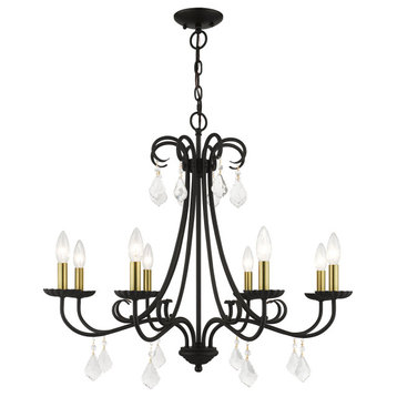 Daphne 8-Light Black Large Chandelier, Antique Brass Accents and Clear Crystals