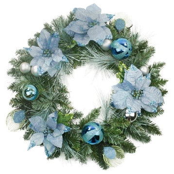24" Peacock Balls and Poinsettias Christmas Wreath