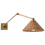 Arteriors Home - Padma Wall Sconce, 1-Light, Antique Brass, Rattan, 19"H (DS49016 3CLMZ) - Our versatile, articulating wall light dons a woven wicker shade for a fun, textural mix. Finished in antique brass, it's useful as a reading lamp, picture light or, as Windsor uses in her own home, as accent lighting over bookcases. Shown with a 3 3" frosted globe bulb.