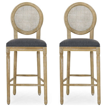 Set of 2 Bar Stool, Turned Rubberwood Legs and Round Wicker Back, Charcoal/Natur