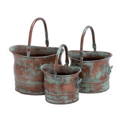 Green Tinged Metal Bucket Planter With Handles, Set of 3