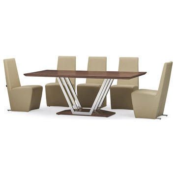 Modern Roman Dining Table with Walnut Veneer Top and Stainless Steel Base