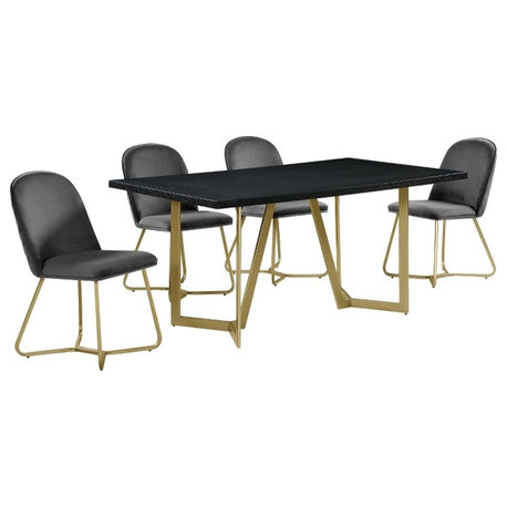 5pc Black Wood Top Dining Set with Gray Velvet Chairs and Gold Base