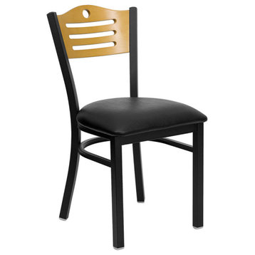 Black Slat Back Metal Restaurant Chair, Natural Wood Back, Black Vinyl Seat