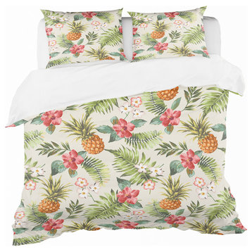 Jungle Pineapple Red Flower Pattern Tropical Duvet Cover, Queen