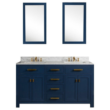 Madison 60" Carrara White Marble Vanity, Monarch Blue With Mirror