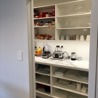 Свежая идея для дизайна: параллельная кухня среднего размера в стиле модернизм с кладовкой, двойной раковиной, белыми фасадами, столешницей из ламината, полом из винила и островом - отличное фото интерьера