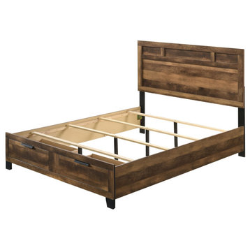 Queen Platform Bed, Panel Headboard & Footboard With Storage Drawers, Rustic Oak