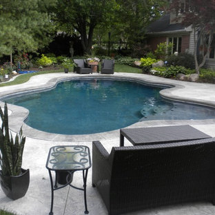 他の地域の中サイズのオーダーメイドトラディショナルスタイルのおしゃれな裏庭プール (スタンプコンクリート舗装) の写真