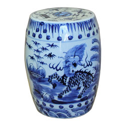 Chinese Blue & White Porcelain Kirin Round Stool Table - Accent And Garden Stools