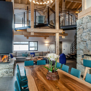 リヨンの地中海スタイルのLDKの画像 (白い壁、横長型暖炉、漆喰の暖炉まわり、グレーの床)