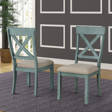 Set of 2 Dining Chair, Rubberwood Legs With Padded Seat and Cross Back, Blue/Tan