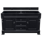 James Martin Vanities - Brookfield 60" Antique Black Double Vanity - The Brookfield 60", double sink, Antique Black vanity by James Martin Vanities features hand carved accenting filigrees and raised panel doors. Two doors, on either side, open to shelves for storage below and three center drawers, made up of a lower double-height drawer and both middle and top standard drawers, offer additional storage space. The look is completed with Antique Brass finish door and drawer pulls. Matching decorative wood backsplash is included.