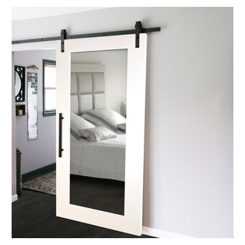Mirrored Sliding Barn Door with Mirror Insert + Hardware Kit, 36"x84" Inches, 1