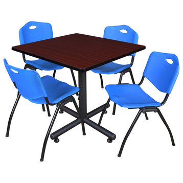 Kobe 42" Square Breakroom Table- Mahogany & 4 'M' Stack Chairs- Blue