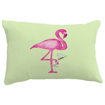 Single Flamingo Tropical Print Pillow With Linen Texture, Light Green, 14"x20"