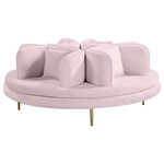 Meridian Furniture - Circlet Velvet Upholstered Roundabout Sofa, Pink - Bring untold elegance to your room with this Circlet velvet roundabout sofa. This exceptionally crafted piece of furniture is upholstered with soft pink velvet material that's sumptuous to the touch. The four back cushions and matching pillows are comforting to the back as you and guests sit, and the gold iron legs make the sofa a sturdy addition to your room.
