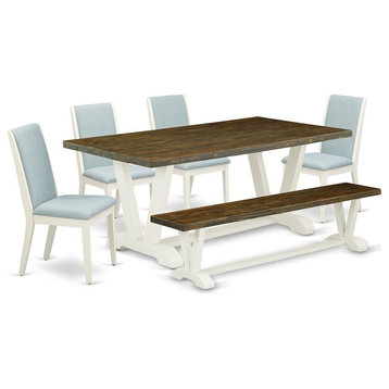 East West Furniture V-Style 6-piece Wood Dining Set in Jacobean Brown/Baby Blue