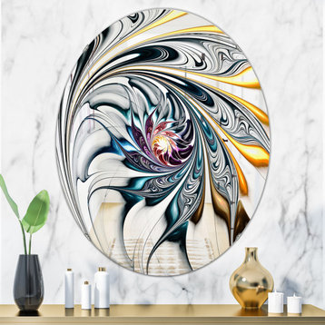 Designart White Stained Glass Floral Art Modern Oval Or Round Wall Mirror, 32x32