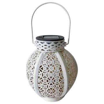 7" White Integrated Floral Pattern Outdoor Solar Lantern With Handle