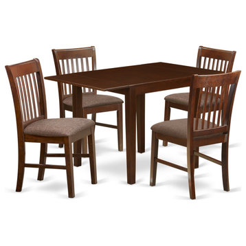 5Pc Wood Dining Set, Drop Leaf Table, 4 Chairs, Linen Fabic Seat, Mahogany