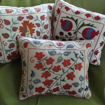 Decorative pillows made with embroidered towels from Turkey.