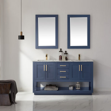Remi 60" Double Bathroom Vanity Set in Royal Blue and Carrara White Marble Count