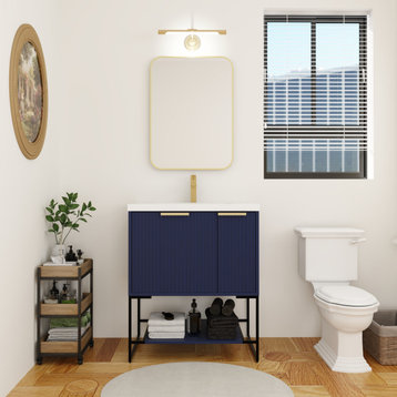 BNK Freestanding Raised Grain Bathroom Vanity With Resin Basin, Navy Blue-Black, 30"