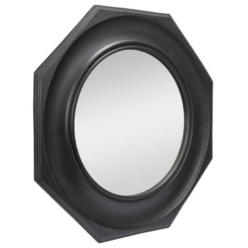 Hexagonal Carved Wood Framed Wall Mirror, Black