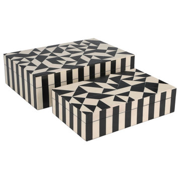 Resin, 10/12" Harlequin Boxes, Black/White, 2-Piece Set