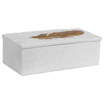 Elegant Gold Feather Decorative Box Rustic Textured Aged White Stone Look