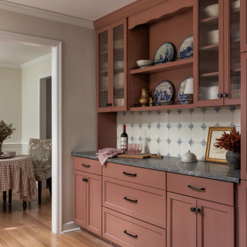 Modern Blue Ceramic Tile Kitchen with Patterned Backsplash
