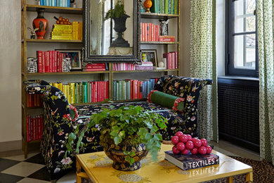 Family room library - eclectic family room library idea in Chicago with beige walls