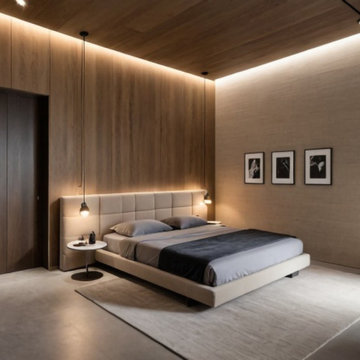 CamCamera matrimoniale con boiserie in legno e illuminazione d'atmosfera. Design