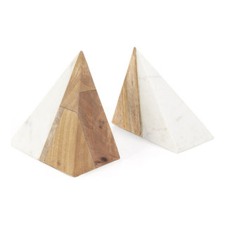 Zahara Wood and Marble Pyramid Bookends, Set of 2 - Contemporary - Bookends  - by Gild | Houzz