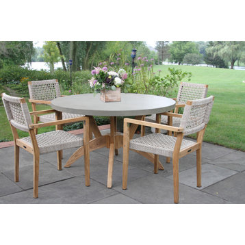 4 Person Round Teak and Composite Dining Table With Stacking Rope Chairs