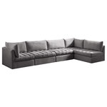 Meridian Furniture - Jacob Velvet Upholstered 5-Piece L-Shaped Modular Sectional, Grey - Create the ideal seating arrangement for your space when you pick and choose the elements you like mostincluding this Jacob velvet modular sectional. Mix and match items in the Jacob collection to bring your living space or family room together with a personalized slant. Soft grey velvet upholstery is soft and welcoming to the touch, adding a luxurious feel to everyday seating. Deep channel tufting adds to the piece's durability, and latches underneath the unit make it easy to attach to other pieces in the collection.
