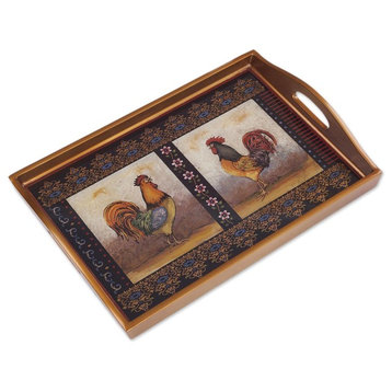 Crowing Roosters Reverse Painted Glass Tray