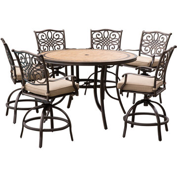 Monaco 7-Piece High-Dining Set, Tan With 56" Tile-top Table and 6 Swivel Chairs