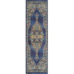 Nourison - Nourison Passionate Area Rug, Navy, 2'2"x7'6" Runner - With a deep navy blue field, the dramatic corner and medallion design of this Passionate Collection rug creates a regal presence in any room. Distressed, abrash tones mirror the vintage look of classic Persian rugs, with beautifully ornate floral accents on an soft, easy-care pile.