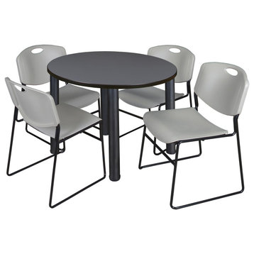 Kee 36" Round Breakroom Table- Grey/ Black & 4 Zeng Stack Chairs- Grey