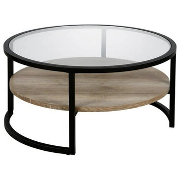 Transitional Coffee Table, Blackened Bronze Frame With Wooden Shelf, Glass Top