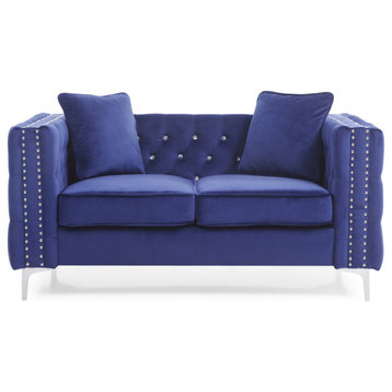 Paige 86 in. Tufted Velvet 3-Seater Sofa With 2-Throw Pillow, Blue