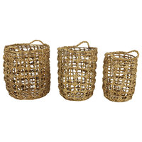 Natural Brown Banana Leaf Storage Baskets With Weave Diamond Design, Set of 3