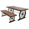 Iron Wagon Wheel Dining Table Set - Matching Bench - Hardwood Top