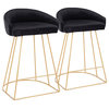 Canary Upholstered Contemporary Counter Stool, Set of 2, Black Velvet, Gold Meta