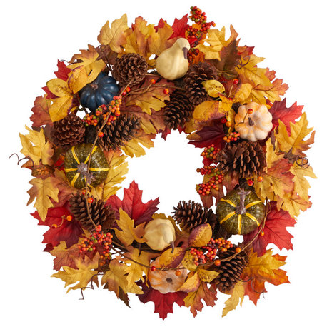 26" Fall Pumpkin, Gourd, Pinecone and Maple Leaf Artificial Autumn Wreath