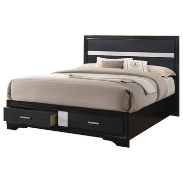 Benzara BM208548 2 Drawer Wooden Queen Size Bed with Glitter Stripe, Black