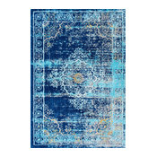 Traditional Vintage Shag Fading Ornate Rosette Emblem Rug, Blue, 5'3"x7'6"