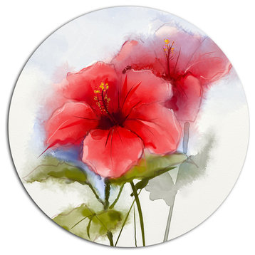 Watercolor Painting Red Hibiscus Flower, Floral Disc Metal Artwork, 23"